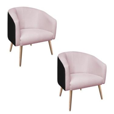 Imagem de Kit 02 Poltronas Stella Corano Preto CR04 com Linho Trama Rosê A73 Pés