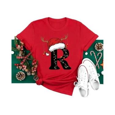 Imagem de Camiseta Feminina Vermelha De Natal Com Alfabeto, Estilo Casual, Manga