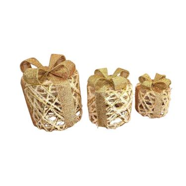 Imagem de Conjunto de Caixas Decorativas de Natal Flocadas Led 3 Peças com Iluminação Dourado Tok...