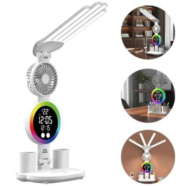 Imagem de Luminária De Mesa LED RGB Com Ventilador Relógio Digital Para Estudo E