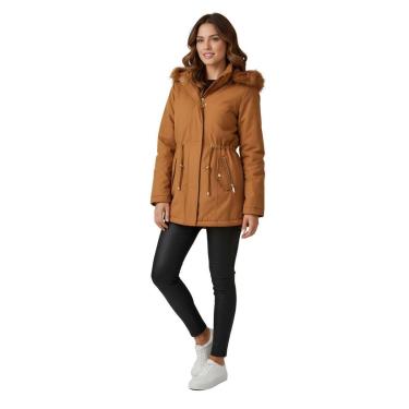 Imagem de Jaqueta ParKa Sarja Peluciada com Capuz - Caramelo-Feminino