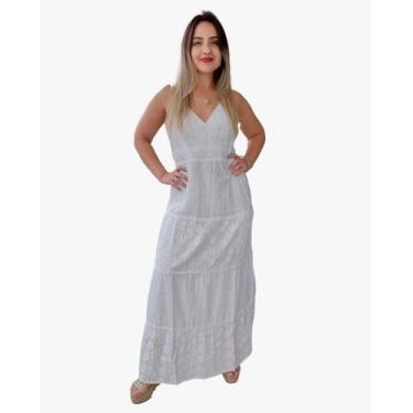 Imagem de Vestido Longo Indiano Alça Branco Bordado c/ Forro Cod.05 - Aleci Fash