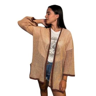 Imagem de Kimono Feminino Crochê de Manga Comprida - TRBRAND, Único, Bege