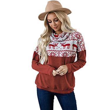Imagem de Yajun Suéter feminino de inverno de manga comprida, casual, rena de Natal, vintage, blusa festiva, solta, gola redonda, vermelho, P (EU: 34/BR)