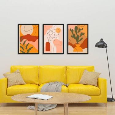 Imagem de Kit 3 Quadros Decorativos Figurativos Folhagens Alaranjadas
