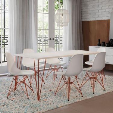 Imagem de Conjunto De Mesa Eames Clips De Ferro Cobre Tampo Branco 135x75 6 Cadeiras Cobre Assento Branco