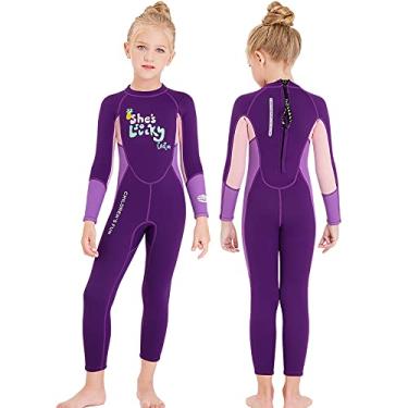 Imagem de ILAVSUN Roupa de mergulho infantil menina - 2,5 mm neoprene térmico corpo inteiro molhado manga longa maiô de uma peça zíper traseiro mantém quente para mergulho surf esportes aquáticos frio XGG roxo
