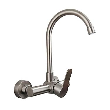 Imagem de Torneira misturadora de pia de cozinha montada na parede com bico giratório, torneira de cozinha montada na parede – feita de aço inoxidável com acabamentos de níquel escovado, torneira giratória de alça única sem chumbo
