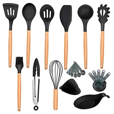 Imagem de Conjunto de utensílios de silicone antiaderentes com cabos de madeira – Conjunto de utensílios de cozinha de silicone com 13 Peças (Preto)