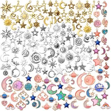 Imagem de 170 peças de pingentes celestiais, pingentes sortidos banhados a ouro esmaltados com estrela da lua, pingentes de liga de sol e lua de estilos mistos, pingentes faça-você-mesmo para pulseira, colar, brincos, fabricação e artesanato