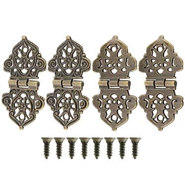 Imagem de HJ Garden 4 peças dobradiças decorativas antigas impressão de bronze dobradiça de liga de zinco caixa de joias ferragens para móveis estojos de madeira vintage armários caixas de presente caixa de fer