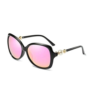Imagem de Óculos de Sol Feminino Polarizado Único Handmand Pérola Óculos de Sol Lady Revestimento Espelho Personalidade Praia, C04 Preto Rosa, Embalagem A