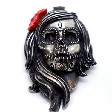Imagem de Pingente de colar de caveira de açúcar Calavera de flores exclusivas, pingente de aço inoxidável, joia gótica punk de motociclista, Aço inoxidável, aço inoxidável
