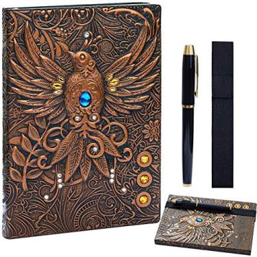 Imagem de Caderno de couro Fênix 3D, caderno pontilhado, com conjunto de canetas douradas, suporte, capa dura com fecho elástico, papel grosso, presentes para homens e mulheres (Phoenix-RedBronze)