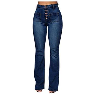 Imagem de Calça jeans feminina boca jeans flare boca de sino calça jeans feminina comprimento médio calça jeans de malha, Azul escuro, XXG
