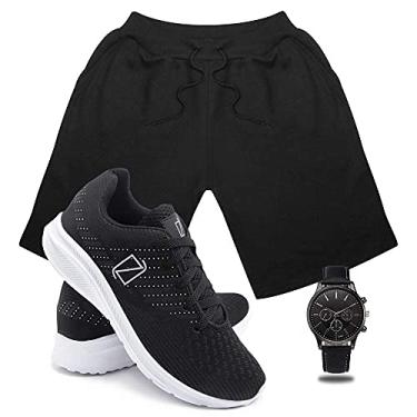 Imagem de Conjunto Bermuda Moletom Masculina + Tenis Masculino Academia Ultra Conforto + Relógio Ponteiro - Preto-PretoBranco/P-42
