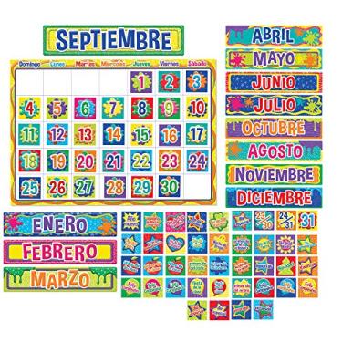 Imagem de Eureka Quadro de avisos Color My World com calendário espanhol e decorações de sala de aula, 82 peças, 43 cm L x 61 cm C, Eureka PMG Color My World conjuntos de quadro de avisos