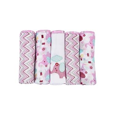 Imagem de Fralda de Pano Bordada Estampada Ombro com Bainha Kit 5 Unidades Minasrey Dengo (Elefantinho Rosa)
