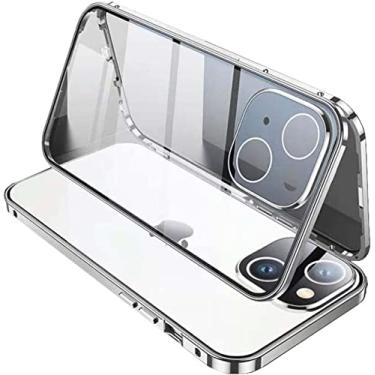 Imagem de GANYUU Capa de telefone de vidro temperado transparente HD dupla face, para Apple iPhone 14 Plus capa de 6,7 polegadas 2022 magnética [estrutura de pára-choques de metal] capa de vidro (cor: prata)