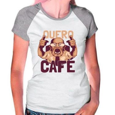 Imagem de Camiseta Feminina Raglan Cinza Branco Quero Café 01 - Design Camisetas