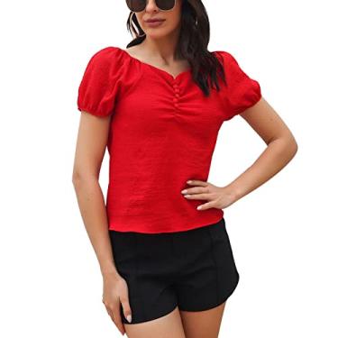 Imagem de Camiseta de verão, blusa feminina de manga bufante, decote em V, estampa lisa doce para casa, Vermelho, M