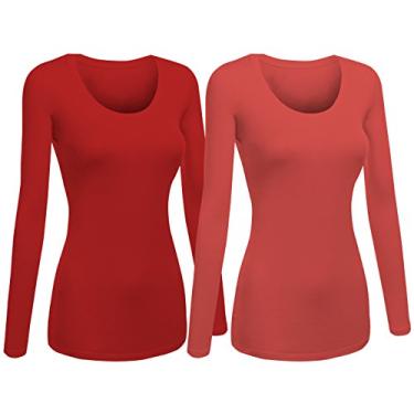 Imagem de Emmalise camiseta feminina júnior e plus size básica gola redonda camiseta manga comprida, 2pk - Red, Coral, Medium