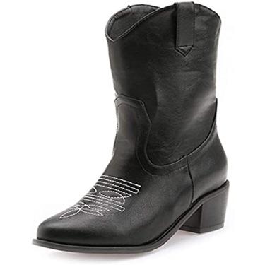 Imagem de Botas femininas Western Cowboy bico fino Daliy fora do tornozelo salto bloco botas Chelsea vestido de couro PU bota curta, Preto, 38
