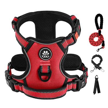 Imagem de IVY&LANE Arnês para cães grandes, arnês para cães com coleira, cinto de segurança e alça de armazenamento, arnês de caminhada fácil totalmente ajustável, faixa refletiva de 360° (vermelha, GG)
