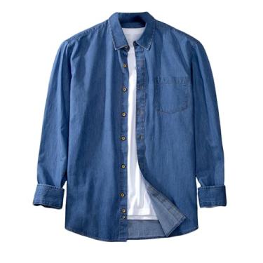 Imagem de Camisa jeans masculina, manga comprida, ombro caído, cor lisa, gola aberta, caimento solto, Azul, 4G