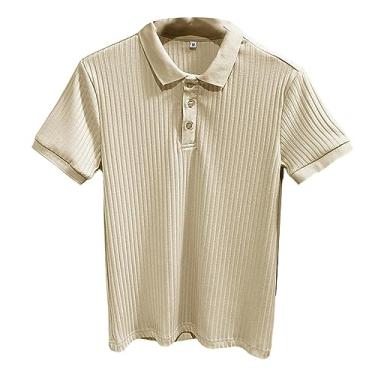 Imagem de Camisa polo masculina de lapela lisa manga curta botão respirável camiseta elástica atlética slim fit, Bege, M