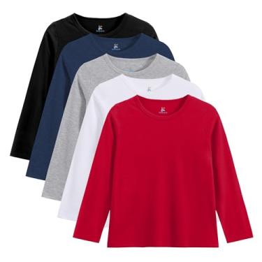 Imagem de Pacote com 5 camisetas de manga comprida para meninos camiseta de gola redonda macia básica de manga comprida, Preto, azul escuro, cinza claro, branco, vermelho, 13-14 Anos