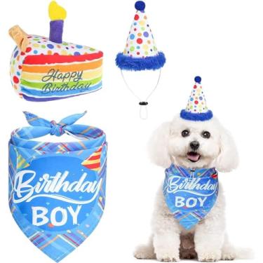 Imagem de Chapéu bandana de aniversário de cachorro com brinquedo de pelúcia de bolo - cachecol triangular de aniversário menino e chapéu de bolinhas ajustável, suprimentos fofos para festa de aniversário para cães e gatos pequenos e médios