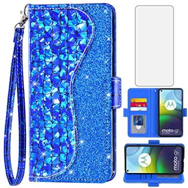Imagem de Asuwish Capa de celular para Moto G9 Power carteira com protetor de tela e porta-cartão flip glitter suporte celular Lenovo K12 Pro MotoG9Power Motorola 9 9G G9Power XT2091 2021 mulheres meninas azul
