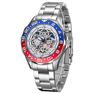 Imagem de TSAR BOMBA Relógio masculino GMT híbrido mecânico automático de luxo para homens 200 m à prova d'água esqueleto japonês com movimento automático data premium para viagem de negócios prata relógio masculino de dupla potência quartzo/automático, Branco frio., Relógio GMT