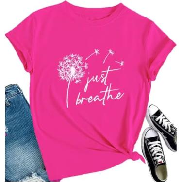 Imagem de Camiseta feminina com estampa de dente-de-leão flores silvestres faça um desejo vintage, camisetas divertidas de verão de manga curta, Rosa choque, G