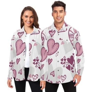 Imagem de Camisa de botão masculina manga longa para mulheres flanela com bolsos corações rosa fofo romântico, Corações rosa fofos românticos dos namorados, G