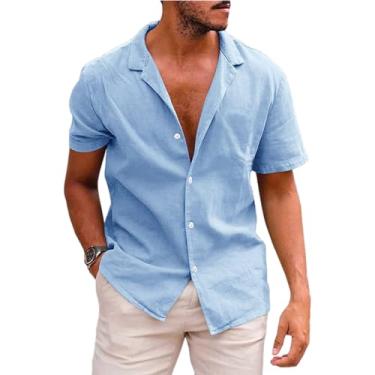 Imagem de Camisetas masculinas de linho casual manga curta abotoadas verão praia camisetas modernas, Azul, M