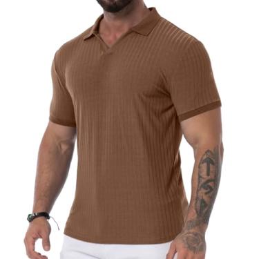 Imagem de Askdeer Camisa polo masculina com gola V musculosa, caimento justo, manga curta, golfe, camisetas caneladas, macia, casual, Café A09, P