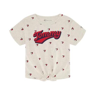 Imagem de Tommy Hilfiger Camiseta gráfica de manga curta para meninas com nó de gravata e interior sem etiqueta, Gravata de coração mesclado de aveia, 16
