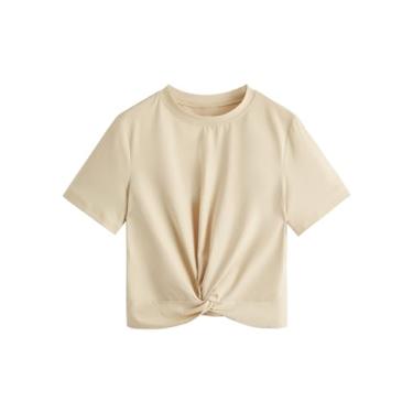 Imagem de MakeMeChic Camiseta feminina cropped de verão lisa manga curta com frente torcida, Cáqui claro, GG