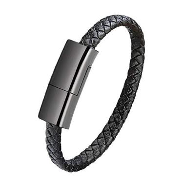 Imagem de Pulseiras de couro USB para o dia dos pais, pulseiras de carregamento, pulseira de pulso trançada portátil, cabo carregador de dados para iPhone, hematite metal+black leather