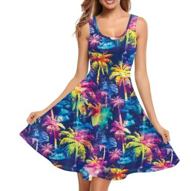 Imagem de TOADDITDO Vestido feminino sem mangas com gola redonda evasê para festa Coctail Vestido de verão rodado, Palmeira havaiana tie dye, G