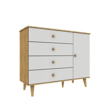 Imagem de Cômoda Infantil Retrô 4 Gavetas com Porta Fraldário Lígia Off White Carolina Baby