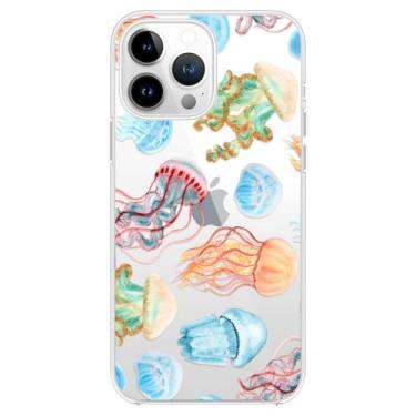 Imagem de Blingy's Capa para iPhone 14 Pro Max, linda estampa de água-viva, divertida, estilo peixe oceano, praia, capa protetora transparente de TPU (poliuretano termoplástico) transparente de 6,7 polegadas