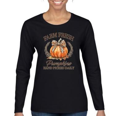 Imagem de Camiseta feminina manga longa Farm Fresh Pumpkins outono aconchegante estação milho labirinto festival dia de ação de graças peru outono bonito, Preto, G