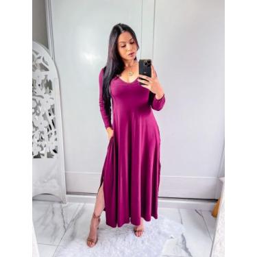 Imagem de Vestido gola V manga longa com bolço e fenda lateral  - Mk Modas, Vinh