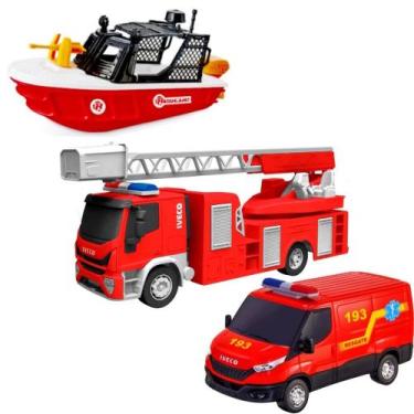 Imagem de Kit Bombeiros 3 em 1 Caminhão c/ Escada Barco Flutua e Van - Usual Bri