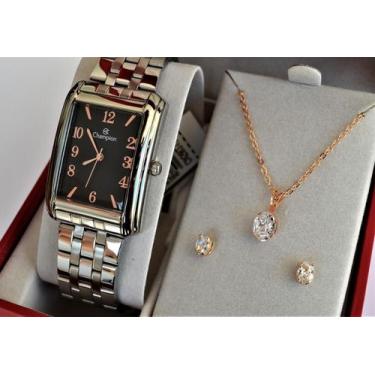 Imagem de Relogio champion feminino prateado quadrado cn20373i + kit semi joia