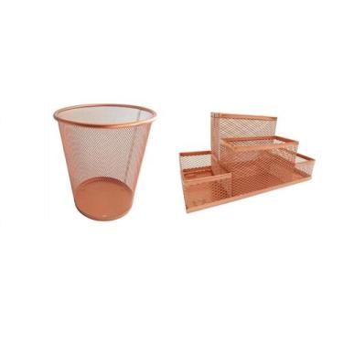 Imagem de Kit Lixeira Escritório Redonda 12L e Porta Lápis 4 Div Rose Gold - Gv 