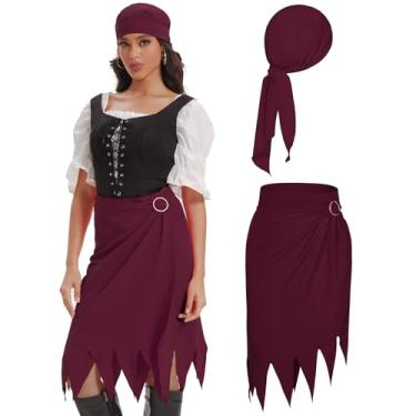 Imagem de Durio Womens Pirate Skirt Hat Pirate Accessories Halloween Costumes Adult Women Cosplay Costume Red Pirate Bandana Headband Scarf Hat For Men Women Renaissance Costume Wine Red One Size